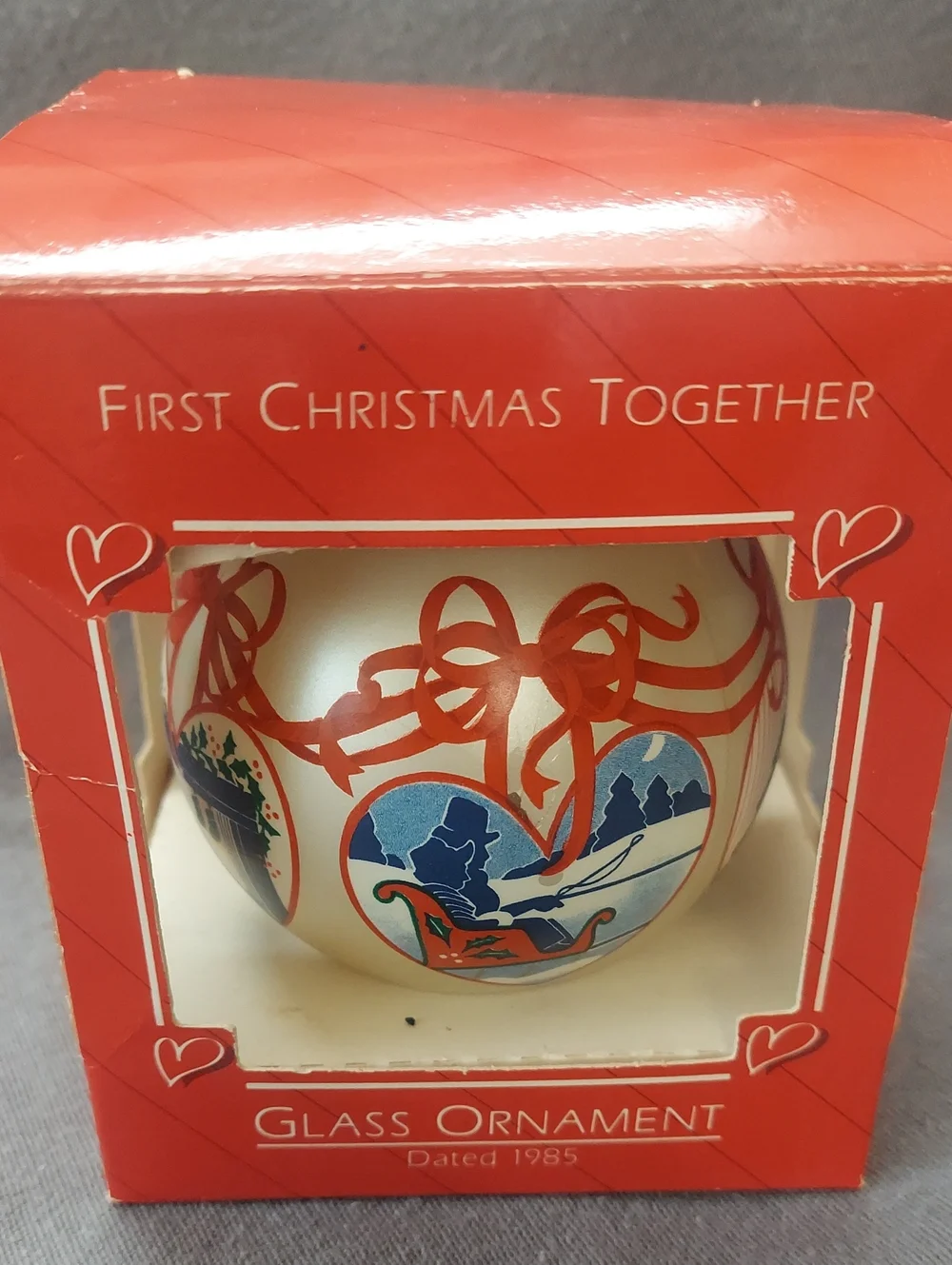 Vintage Hallmark glass ornament labeled 'First Christmas Together 1985